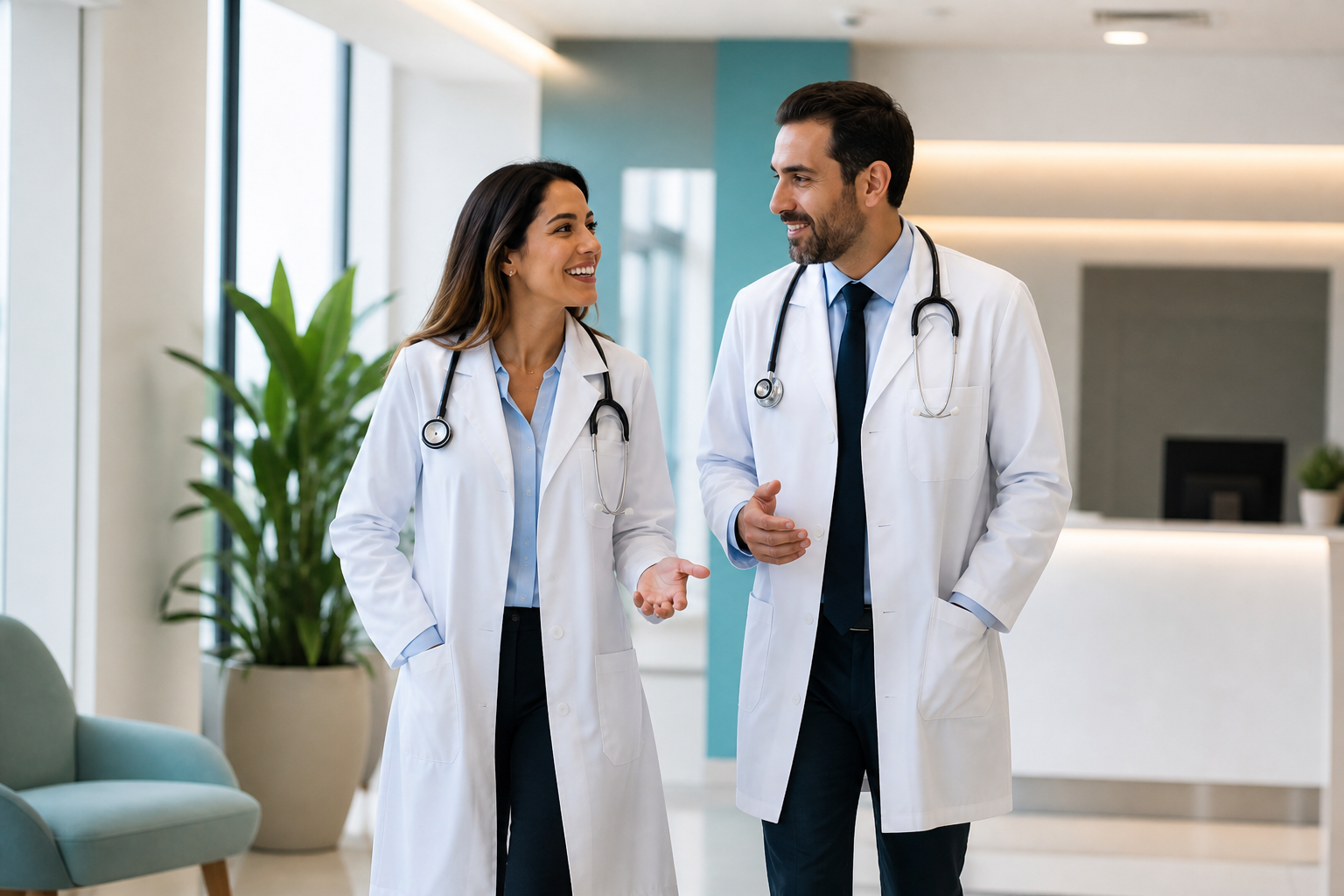Médica e médico conversando no consultório